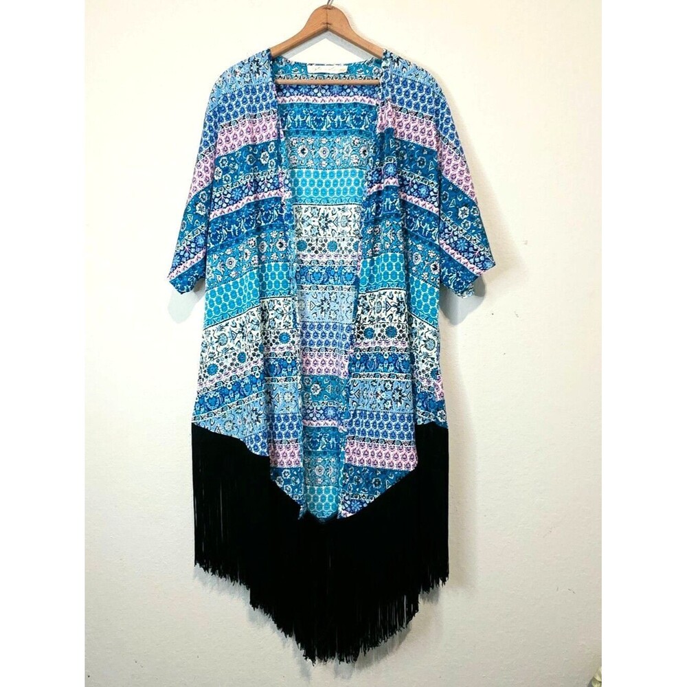 Liberty Love Blue Floral Cardigan Kimono Fringe Festival Boho Western Large